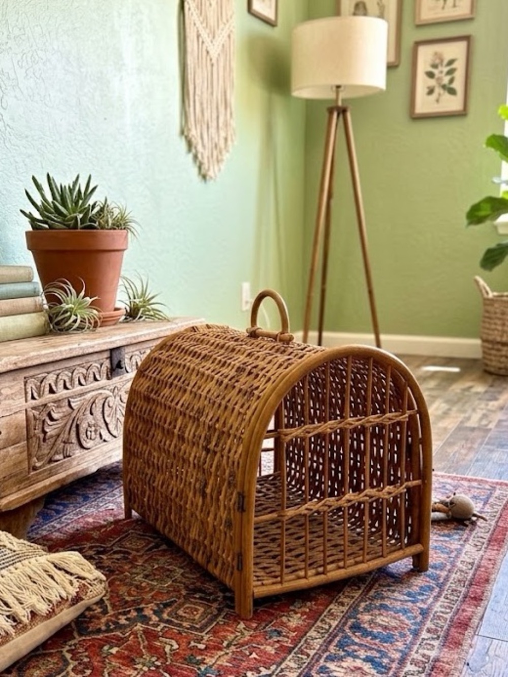 Vintage Wicker Rattan Pet Carrier Cat Dog Basket Boho Cottagecore Travel Crate